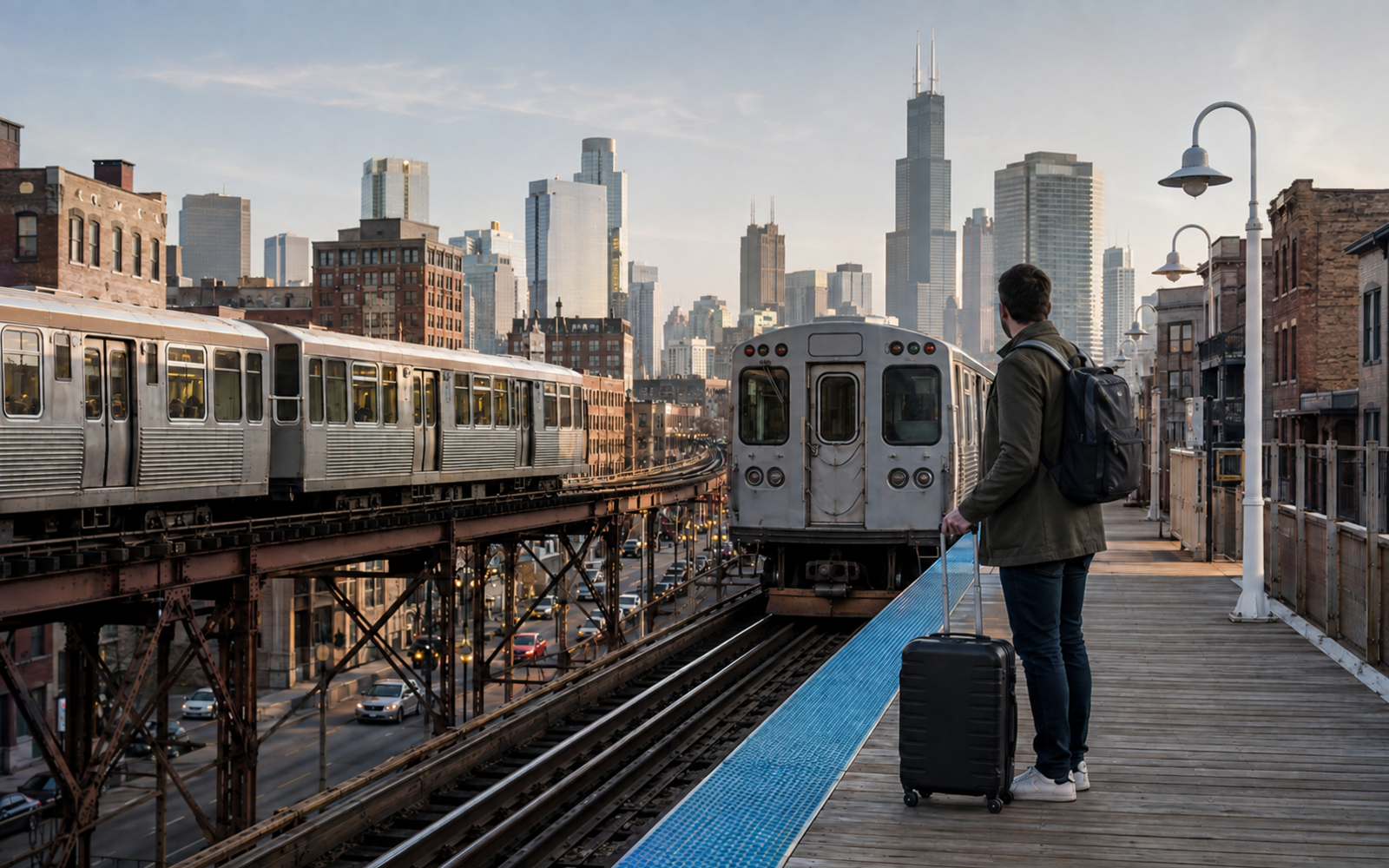Editorial destination artwork for travel from ORD / MDW to Downtown Chicago.